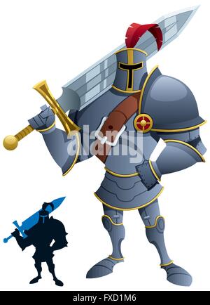 Cartoon knight. Silhouette version included. No transparency used. Basic (linear) gradients. Stock Vector