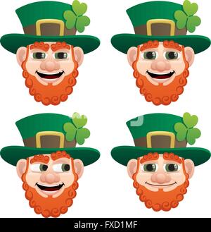 Leprechaun head in 4 different face expressions. Stock Vector