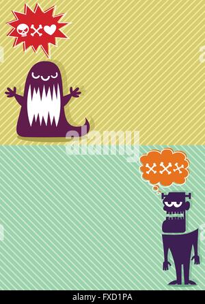 2 horizontal backgrounds with cartoon monsters. A4 proportions. Stock Vector