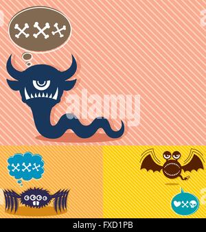 3 horizontal backgrounds with cartoon monsters. A4 proportions. Stock Vector