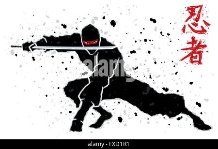 Illustration of ninja over white background. No transparency and gradients used. Stock Vector