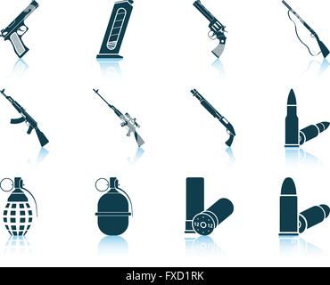 Set of twelve weapon icons with reflections. Vector illustration. Stock Vector