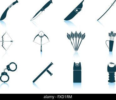 Set of twelve weapon icons with reflections. Vector illustration. Stock Vector