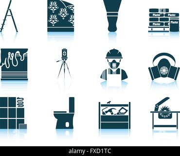Set of twelve flat repair icons with reflections. Vector illustration. Stock Vector