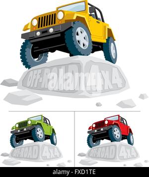 Off-road vehicle parked on boulder. You can replace the carved text with your own text. Vehicle is in 3 color versions. Stock Vector