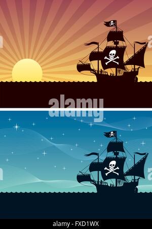 Two cartoon backgrounds with pirate ships. Each is in A4 proportions but you can extend the black area downwards. Stock Vector