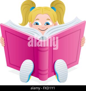 Little girl reading book over white background. Stock Vector