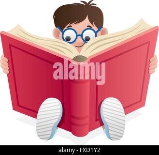 Little Boy reading book over white background. Stock Vector