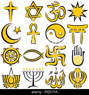 Set of 16 religious symbols executed in line art. Stock Vector