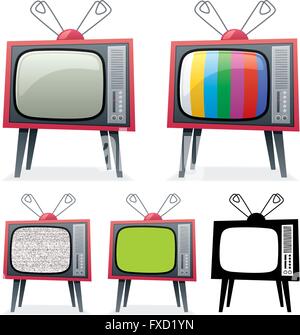 Cartoon illustration of retro TV in 5 different versions. You can replace the green screen on the 4-th TV with your own picture. Stock Vector