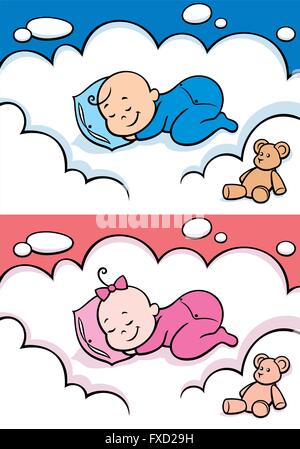 Cartoon baby sleeping on cloud. The illustration is in 2 versions for baby boy and baby girl. You can extend the color of the sky Stock Vector
