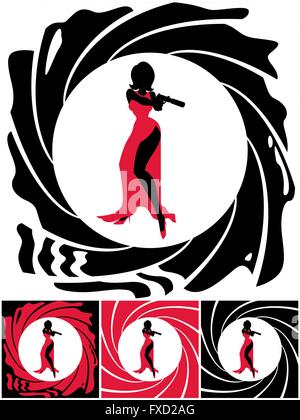 Silhouette of female secret agent. Illustration is in 4 versions. No transparency and gradients used. Stock Vector