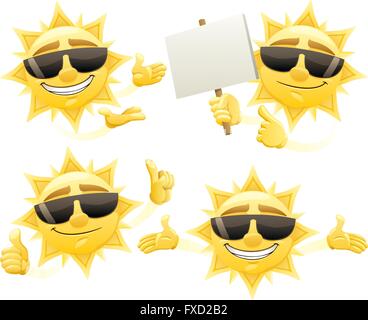 Cartoon sun presenting something in 4 different ways. Stock Vector