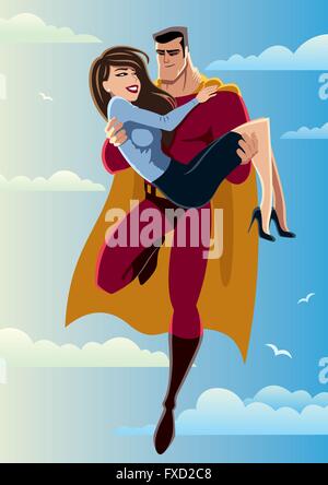 Illustration of flying superhero carrying woman in his arms. No transparency used. Basic linear gradients used for the sky and c Stock Vector