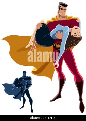 Illustration of superhero carrying woman in his arms. No transparency and gradients used. Stock Vector