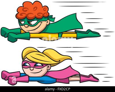 Illustration of super boy and super girl flying. Stock Vector