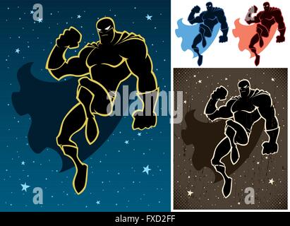 Superhero floating in the sky. Retro version and versions on white background are also included.  No transparency and gradients  Stock Vector