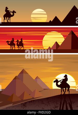 Set of 3 cartoon landscapes with the Egyptian Pyramids. Stock Vector