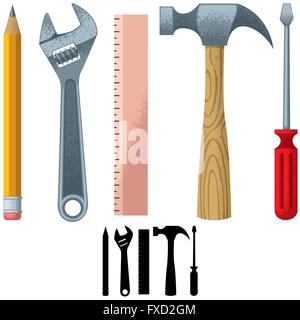 Set of tools over white background. Silhouette versions included. Stock Vector
