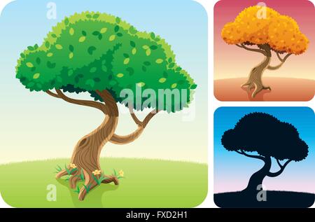 Cartoon square landscape with tree in 3 versions. Stock Vector