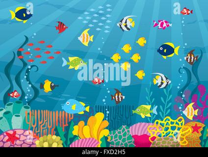 Cartoon illustration of underwater world with corals and fish. Stock Vector