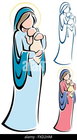 Stylized illustration of Virgin Mary holding baby Jesus. Stock Vector