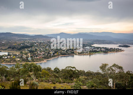 The view over Jindabyne and its lake on a cool summer's day in New South Wales, Australia Stock Photo