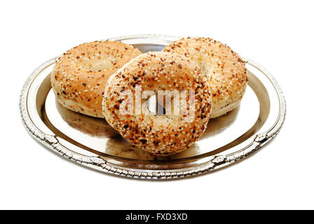 Gourmet Everything Bagels Served on a Silver Platter Stock Photo