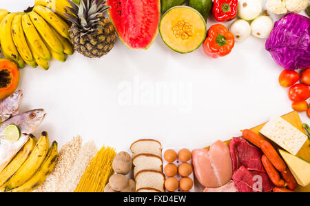 Group of proteins, carbohydrates and fruits more important to your daily diet, Shoot is made from above and concentrated product Stock Photo