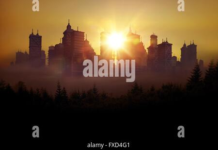 Conceptual City Skyline Illustration. 3D City Skyline During Sunset. City Skyline Abstract Background. Stock Photo