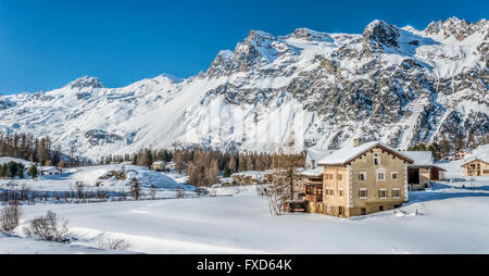 Winter Landscape in Val Fex in the Engadine, Grisons, Switzerland Stock Photo