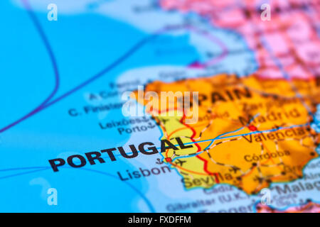 Portugal on the Iberian Peninsula on the World Map Stock Photo