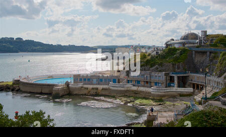 The old and newly refurbished parts of the Tinside Lido near Plymouth Hoe which dates from 1935 Stock Photo