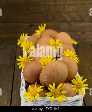 Photo of hen eggs and yellow daisy flowers in a basket on a rustic wood background Stock Photo