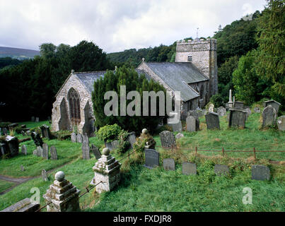 View SW of C15th church set in valley at Nevern, Pembrokeshire, surrounded by yew trees on a site founded by St Brynach as early as the C5th/6th Stock Photo