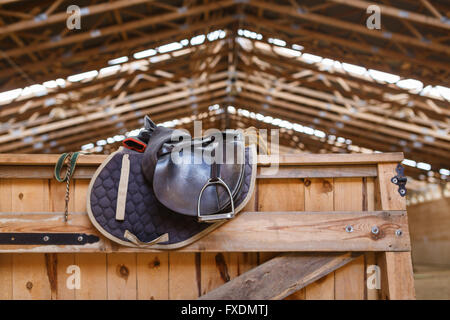 A leather saddles horse in a sports arena Stock Photo