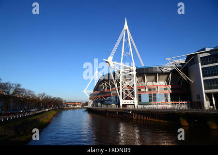 View of Millennium / Principality Stadium and River Taff, Cardiff, South Glamorgan, Wales, United Kingdom Stock Photo