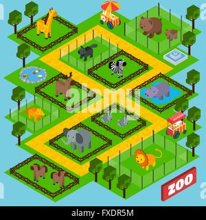 Isometric zoo park concept with 3d animals in cages vector illustration ...