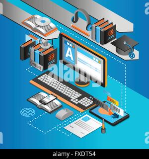 E-learning isometric icons set with books and education symbols ...