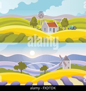 Wheat field illustration with rural landscape and good sunny day on ...