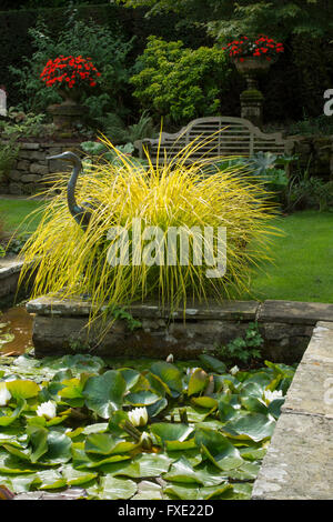 A beautiful, private, traditional, landscaped, country garden, West Yorkshire, England, GB, UK - ornamental pond with water lilies, heron and grasses. Stock Photo