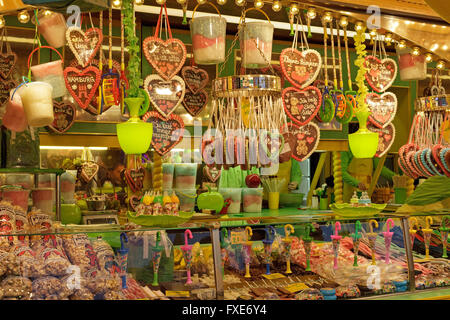 booth selling gingerbread hearts, fun fair ´Dom´, Hamburg, Germany Stock Photo