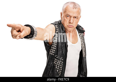Angry mature punk rocker gesturing with his hands isolated on white ...