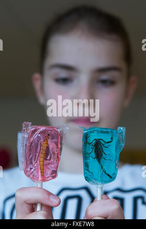 lollypop with insects (worm and scorpion) inside Stock Photo