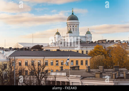 View of Cathedral St Nicholas Church over roofs from viewpoint of Katajanokka, Helsinki, Finland Stock Photo