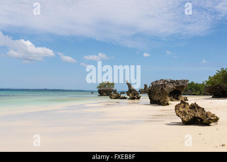 Pristine white tropical beach with rocks, blue sea and lush vegetation on the African Island of Misali, Pemba, Zanzibar. Stock Photo