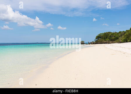 Pristine white tropical beach with blue sea and lush vegetation on the African Island of Misali, Pemba, Zanzibar. Stock Photo