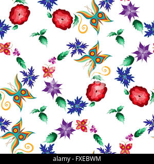 Seamless pattern with colored butterflies and flowers Stock Photo