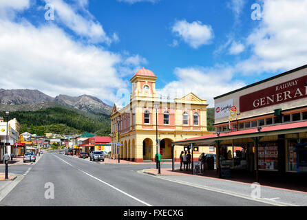 Orr Street, main street of Queenstown with the historic Post Office Building, Tasmania, TAS, Australia Stock Photo