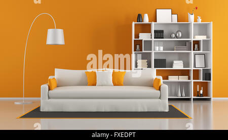 Orange modern living room with white sofa and bookcase - 3d rendering Stock Photo